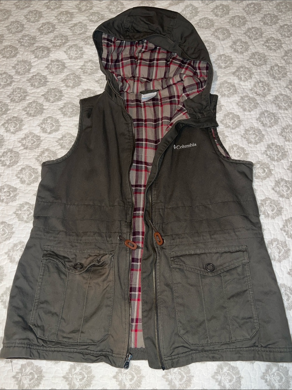 Columbia Olive Green Hooded Plaid-Lined Vest